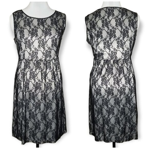 Cream Satin Dress With Black Lace Floral Overlay Knee Length WhimsiGoth Y2K - Picture 1 of 7